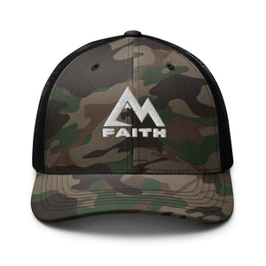 Mountain Faith Co. black camo trucker hat with embroidered white logo on front panel.