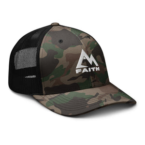 Side view of Black Mountain Faith Co. camp trucker hat with mesh back and embroidered logo.