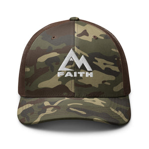 Mountain Faith Co. brown camo trucker hat with embroidered white logo on front panel.