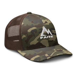 Side view of brown Mountain Faith Co. camp trucker hat with mesh back and embroidered logo.