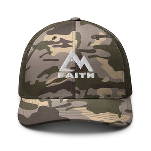 Mountain Faith Co. Olive camo trucker hat with embroidered white logo on front panel.