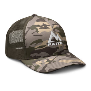 Side view of Olive Mountain Faith Co. camp trucker hat with mesh back and embroidered logo.