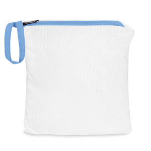 Light Blue Packable windbreaker folded into compact pouch with zipper loop