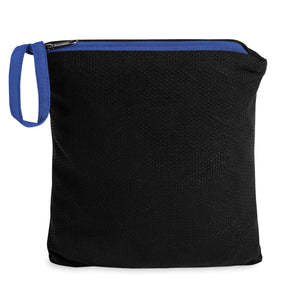 Blue Packable windbreaker folded into compact pouch with zipper loop