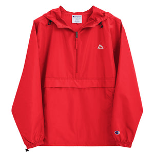Red Mountain Faith Co. packable windbreaker with minimal chest logo on a lightweight Champion jacket