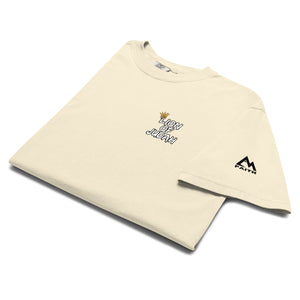 Ivory Folded Lion of Judah Christian T-Shirt showcasing front chest logo from Mountain Faith Co.