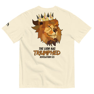 Ivory Lion of Judah Christian T-Shirt back design featuring crowned lion illustration and Revelation 5:5 scripture.
