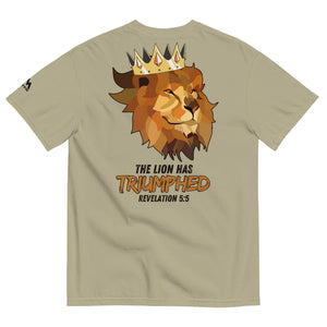 Khaki Lion of Judah Christian T-Shirt back design featuring crowned lion illustration and Revelation 5:5 scripture.