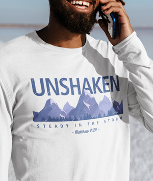 Unshaken design meaning image inspired by Matthew 7:24 and standing firm on God’s truth.