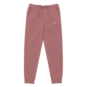 Mountain Faith Co. pigment dyed maroon joggers front view with minimalist mountain logo