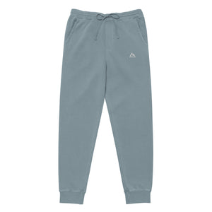 Mountain Faith Co. pigment dyed slate blue joggers front view with minimalist mountain logo.
