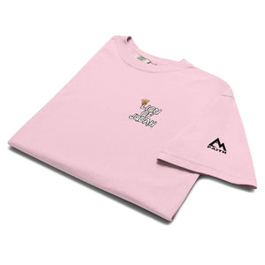 Pink Folded Lion of Judah Christian T-Shirt showcasing front chest logo from Mountain Faith Co.