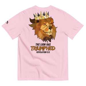 Pink Lion of Judah Christian T-Shirt back design featuring crowned lion illustration and Revelation 5:5 scripture.