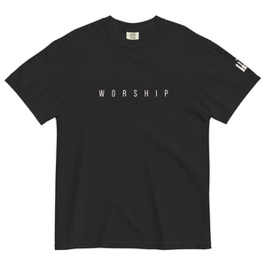 Black Worship T Shirt with minimalist WORSHIP lettering and piano key cross on the sleeve by Mountain Faith Co.