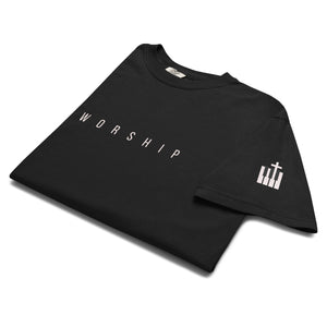 Black Worship T Shirt with minimalist WORSHIP lettering and piano key cross on the sleeve by Mountain Faith Co.