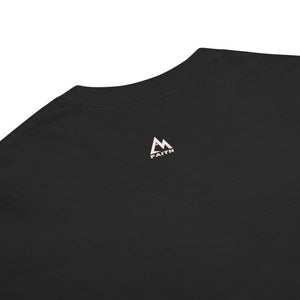 Black Worship T Shirt with minimalist WORSHIP lettering and piano key cross on the sleeve by Mountain Faith Co.