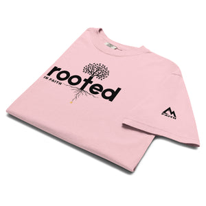 Pink Rooted In Faith T Shirt featuring cross shaped root design representing deep spiritual foundations by Mountain Faith Co.