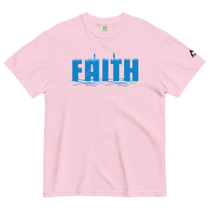 Pink Faith T Shirt with illustration of Peter walking toward Jesus on the water symbolizing trust and surrender by Mountain Faith Co.