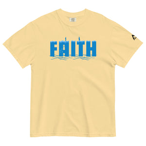 Yellow White Faith T Shirt with illustration of Peter walking toward Jesus on the water symbolizing trust and surrender by Mountain Faith Co.
