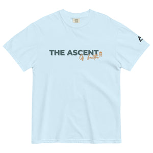Light Blue Ascent of Faith T Shirt with minimalist upward movement design symbolizing the climb of faith by Mountain Faith Co.