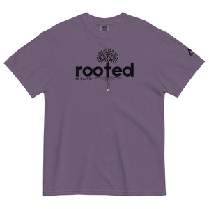 Purple Rooted In Faith T Shirt featuring cross shaped root design representing deep spiritual foundations by Mountain Faith Co.