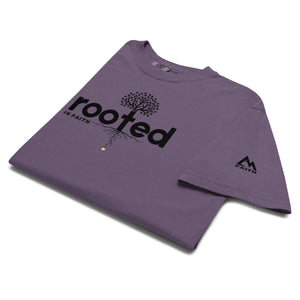 Purple Rooted In Faith T Shirt featuring cross shaped root design representing deep spiritual foundations by Mountain Faith Co.