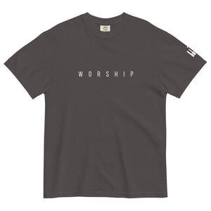 Gray Worship T Shirt with minimalist WORSHIP lettering and piano key cross on the sleeve by Mountain Faith Co.
