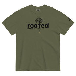 Green Rooted In Faith T Shirt featuring cross shaped root design representing deep spiritual foundations by Mountain Faith Co.