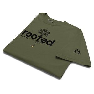 Green Rooted In Faith T Shirt featuring cross shaped root design representing deep spiritual foundations by Mountain Faith Co.