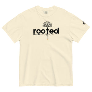 Ivory Rooted In Faith T Shirt featuring cross shaped root design representing deep spiritual foundations by Mountain Faith Co.