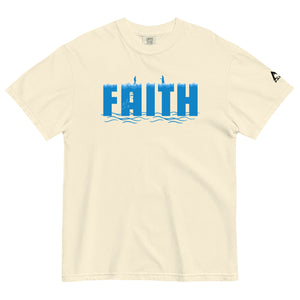 Ivory Faith T Shirt with illustration of Peter walking toward Jesus on the water symbolizing trust and surrender by Mountain Faith Co.