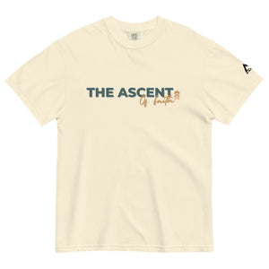 Ivory Ascent of Faith T Shirt with minimalist upward movement design symbolizing the climb of faith by Mountain Faith Co.