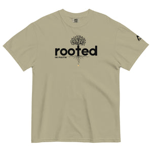 Khaki Rooted In Faith T Shirt featuring cross shaped root design representing deep spiritual foundations by Mountain Faith Co.