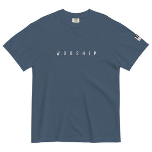 Blue Worship T Shirt with minimalist WORSHIP lettering and piano key cross on the sleeve by Mountain Faith Co.