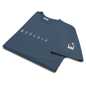 Blue Worship T Shirt with minimalist WORSHIP lettering and piano key cross on the sleeve by Mountain Faith Co.