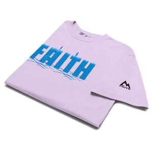 Purple folded Faith T Shirt with illustration of Peter walking toward Jesus on the water symbolizing trust and surrender by Mountain Faith Co.