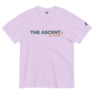 Purple Ascent of Faith T Shirt with minimalist upward movement design symbolizing the climb of faith by Mountain Faith Co.