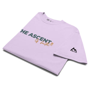 Purple Ascent of Faith T Shirt with minimalist upward movement design symbolizing the climb of faith by Mountain Faith Co.