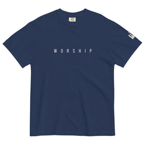 Blue Worship T Shirt with minimalist WORSHIP lettering and piano key cross on the sleeve by Mountain Faith Co.