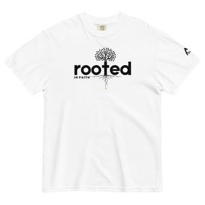 White Rooted In Faith T Shirt featuring cross shaped root design representing deep spiritual foundations by Mountain Faith Co.