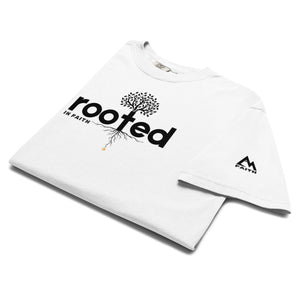 White Rooted In Faith T Shirt featuring cross shaped root design representing deep spiritual foundations by Mountain Faith Co.