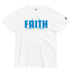 White Faith T Shirt with illustration of Peter walking toward Jesus on the water symbolizing trust and surrender by Mountain Faith Co.