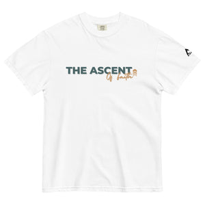 White Ascent of Faith T Shirt with minimalist upward movement design symbolizing the climb of faith by Mountain Faith Co.