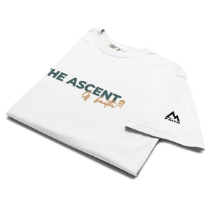 White Folded Ascent of Faith T Shirt with minimalist upward movement design symbolizing the climb of faith by Mountain Faith Co.