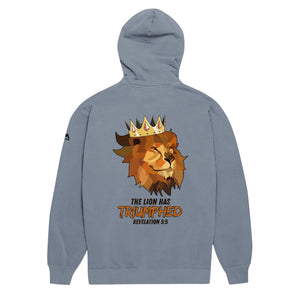 Blue Jean Mountain Faith Co. Lion of Judah Hoodie with crowned lion graphic and Revelation 5:5 text