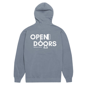 Open Doors Hoodie in Blue jean with bold back graphic by Mountain Faith Co. Christian apparel.