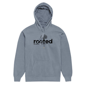 Blue Jean Mountain Faith Co. Rooted in Faith Hoodie with bold minimal logo design