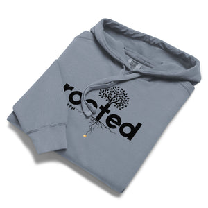 Blue Jean Mountain Faith Co. Rooted in Faith Hoodie with bold minimal logo design
