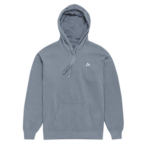 Mountain Faith Co. blue jean hoodie with minimalist white chest logo, Christian clothing.