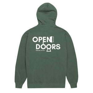 Open Doors Hoodie in green with Christian scripture-inspired back design.